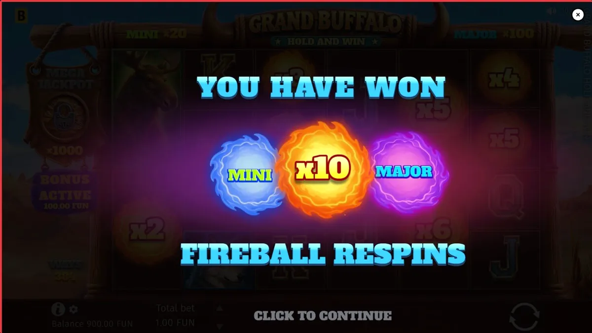 Cenário de deserto e pradaria com símbolos de búfalo e elementos do Velho Oeste no slot Grand Buffalo Hold & Win
