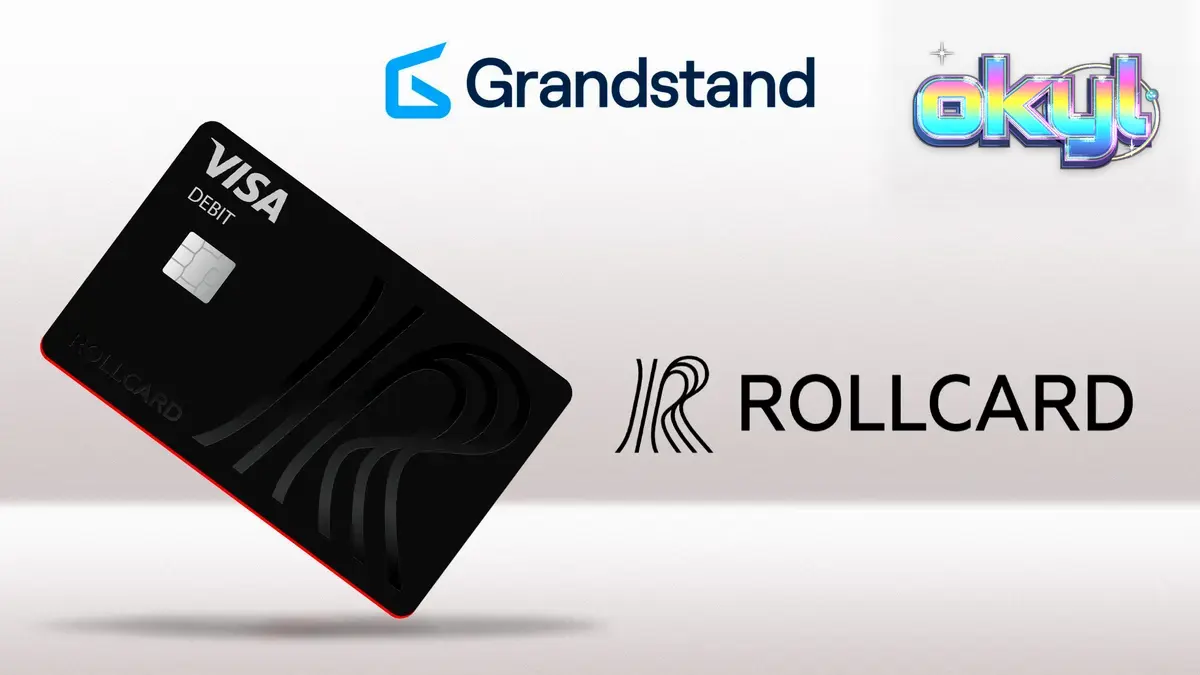 Cartão de débito Rollcard Visa com design moderno e elementos de jogo ao fundo